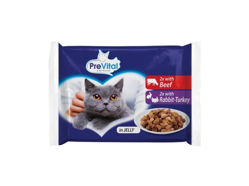 PreVital nedves macskaeledel – marha, nyúl és pulyka zselében (4 × 100 g)