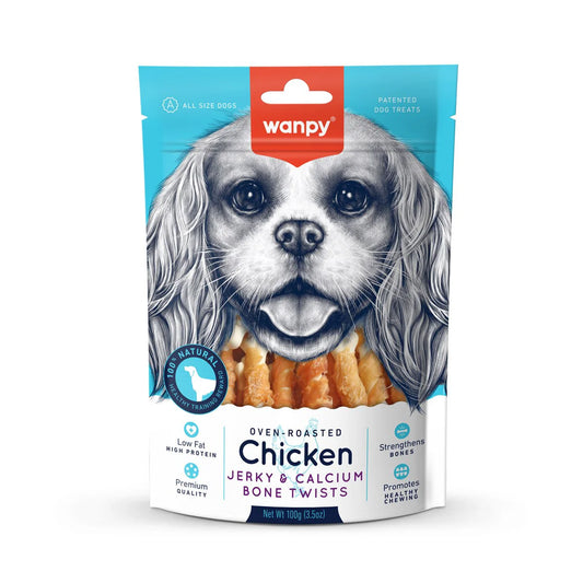 Wanpy Dog Treats - Chicken Jerky & Calcium Bone Twists - csirkehús és kálciumcsont csavarok